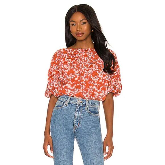 Free People Tops - Free People Dessa Bodysuit Orange Floral Puff Sleeves Size XS